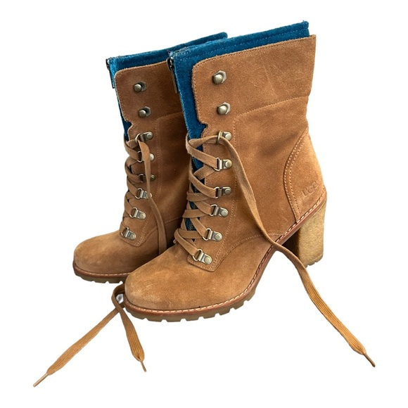 UGG suede camel brown lace up zipper heeled winter boots - Picture 3 of 14